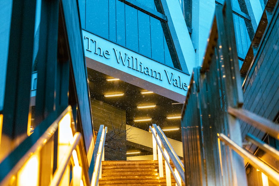 The entrance of The William Vale hotel is visible in the image, showing a modern design with a staircase leading up to a glass-fronted building. The building features a mix of blue glass panels and black structural elements, with the hotel's name prominently displayed in raised, metallic lettering above the entrance. Surrounding the stairs are dark metal railings, and the scene is illuminated by warm artificial lighting, creating a contrast against the evening or nighttime sky. The environment has an urban setting, and light reflections can be seen on the glass surfaces, emphasizing the building's contemporary architecture. This image, taken from a low angle looking upward, highlights the sleek exterior and signage, relevant to aesthetic aspects of property management and site clearance activities in relation to efficient rubbish removal or onsite waste handling services by Waste Collection Maida Vale. The surroundings suggest a clean, well-maintained commercial or hospitality venue, presenting a professional and neutral view of the building’s facade and entryway in the context of property upkeep and waste management preparation.