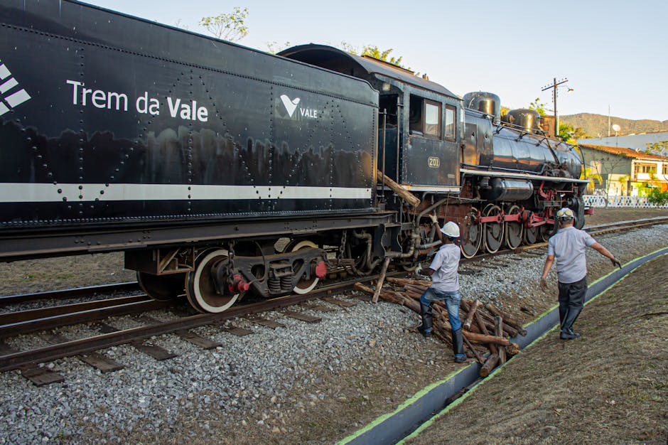 A vintage black steam locomotive with the words 'Trem da Vale' and 'VALE' painted in white on its side is positioned on railway tracks in an outdoor setting. The locomotive features a red and black undercarriage, with visible wheels, connecting rods, and riveted metal panels with a matte finish. The front of the train has a rounded boiler, and the surface shows some weathering and slight rusting. Two workers wearing white safety helmets and casual clothing are engaged in clearing debris from the track bed; one is handling logs or wooden planks near the locomotive, while the other walks along the side, holding a tool or object in their hand. The surrounding environment includes a narrow strip of gravel and a concrete curb lining the edge of the track, with a background of residential houses, trees, and a clear sky, suggesting a suburban location during daytime. The scene subtly relates to private waste handling or on-site clearance in a rail yard or industrial setting, consistent with the context of rubbish removal services offered by Waste Collection Maida Vale.